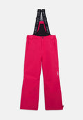 Pinkfarbene Skihosen mit verstellbaren schwarzen Trägern, Seitentaschen, einem geraden Bein Design und einem CMP-Logo am unteren Bein.