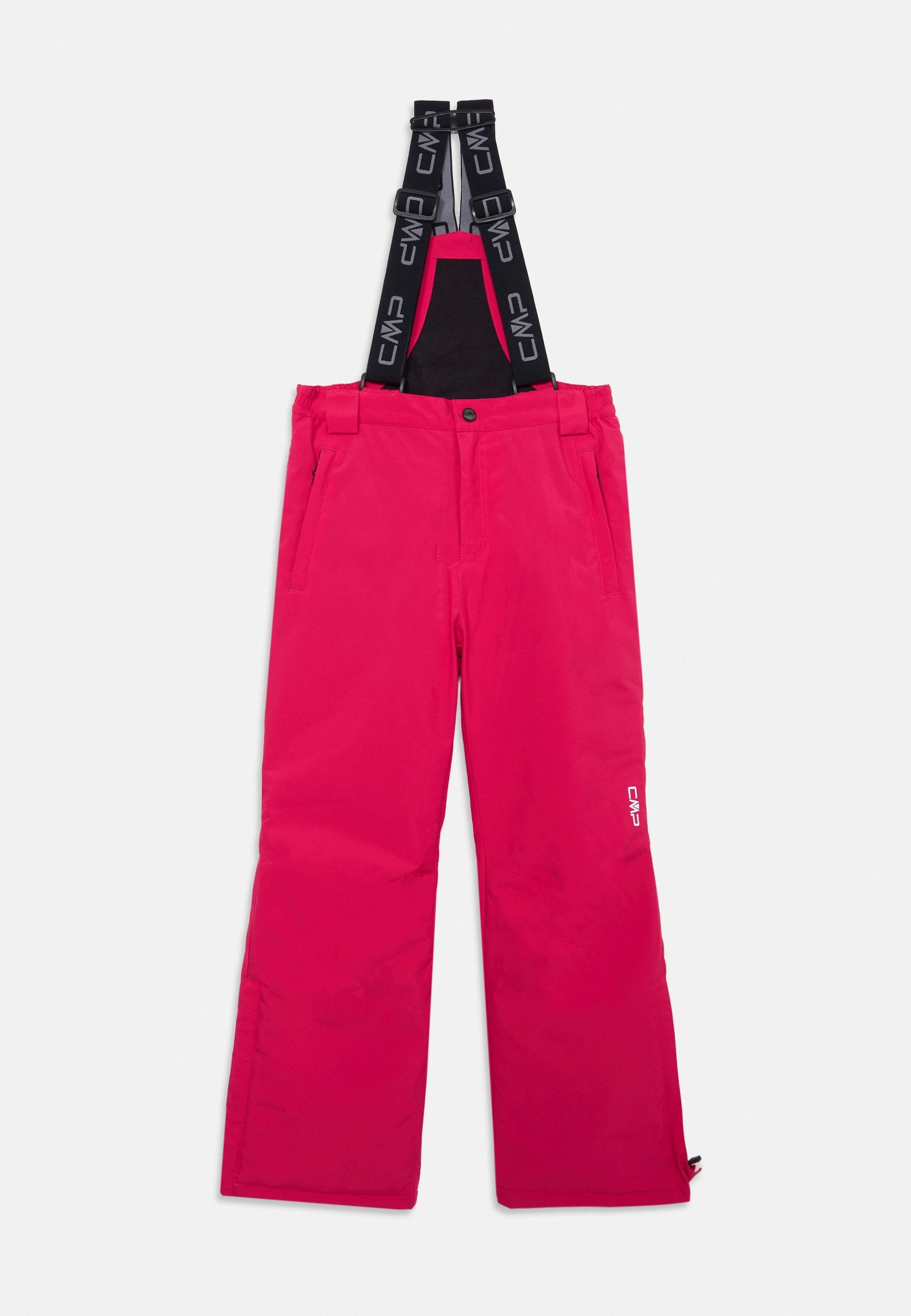 Pinkfarbene Skihosen mit verstellbaren schwarzen Trägern, Seitentaschen, einem geraden Bein Design und einem CMP-Logo am unteren Bein.
