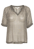 Durchsichtige Bluse mit kurzen Ärmeln im Chevron-Muster in Schwarz, Weiß und metallic Gold. Verfügt über einen V-Ausschnitt und einen lässigen Schnitt.