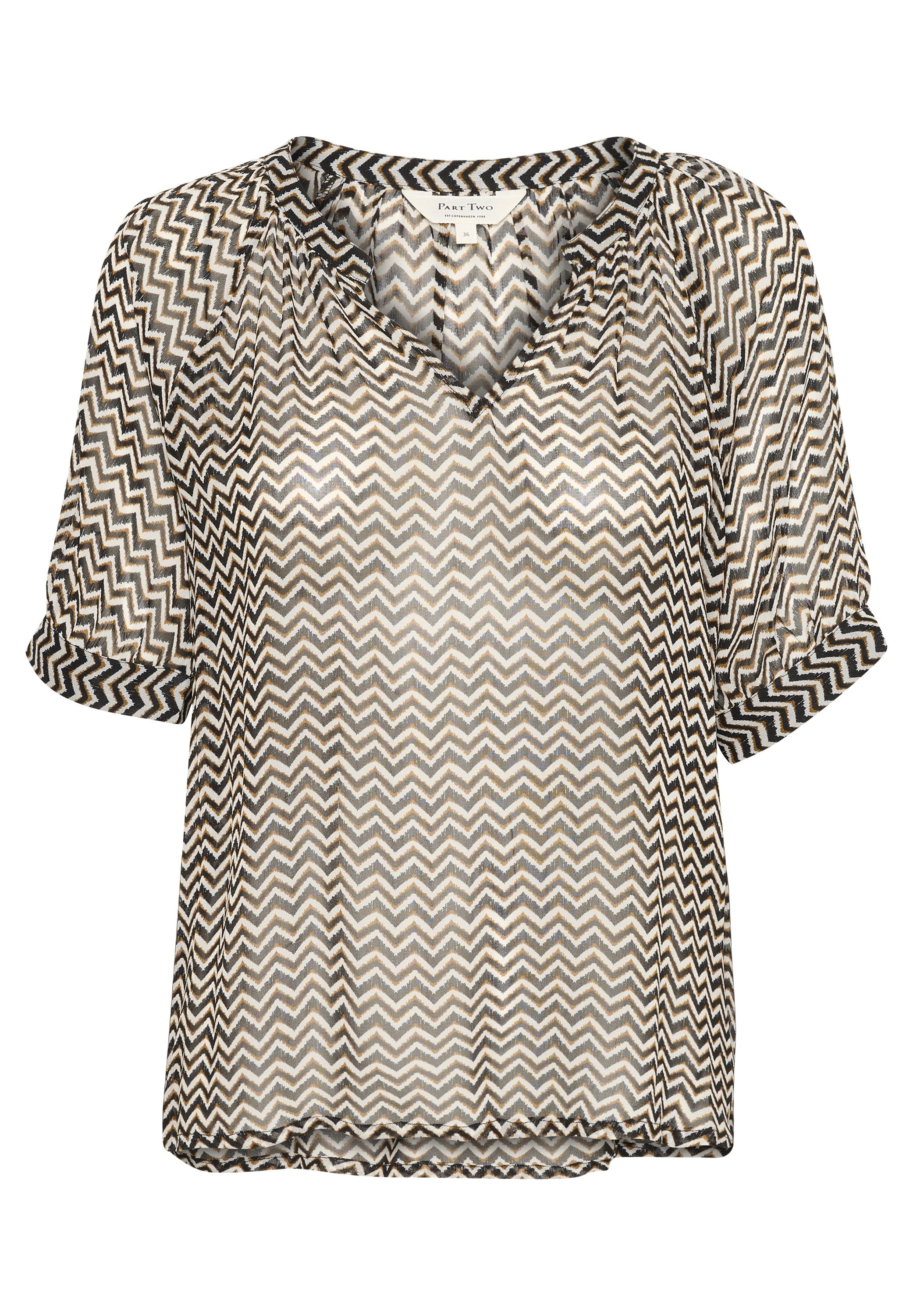 Durchsichtige Bluse mit kurzen Ärmeln im Chevron-Muster in Schwarz, Weiß und metallic Gold. Verfügt über einen V-Ausschnitt und einen lässigen Schnitt.