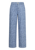 Blaue, blumenmusterte weit geschnittene Hose aus leichtem Stoff, mit einem vorderen Knopfverschluss und einer glatten Textur.