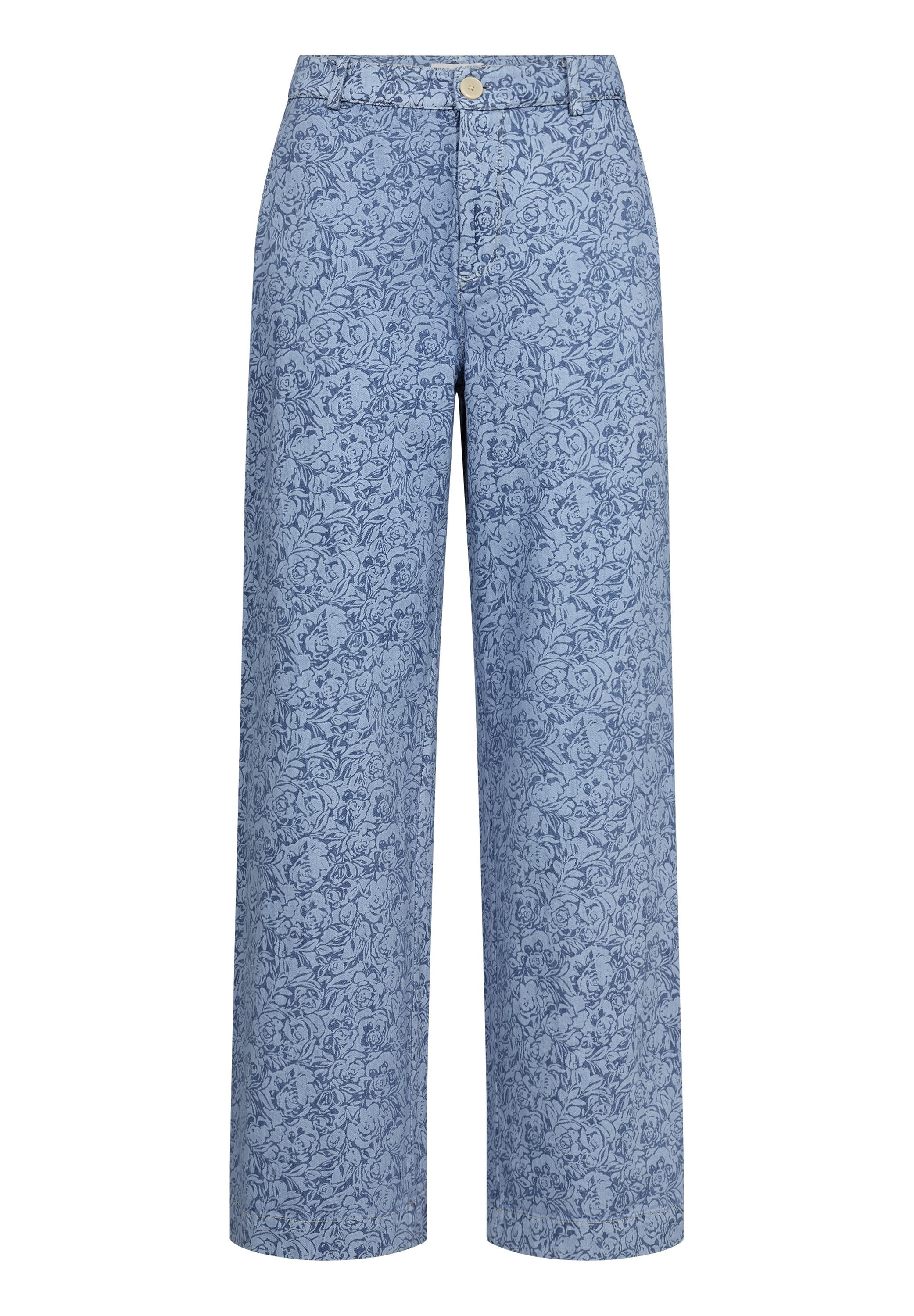 Blaue, blumenmusterte weit geschnittene Hose aus leichtem Stoff, mit einem vorderen Knopfverschluss und einer glatten Textur.
