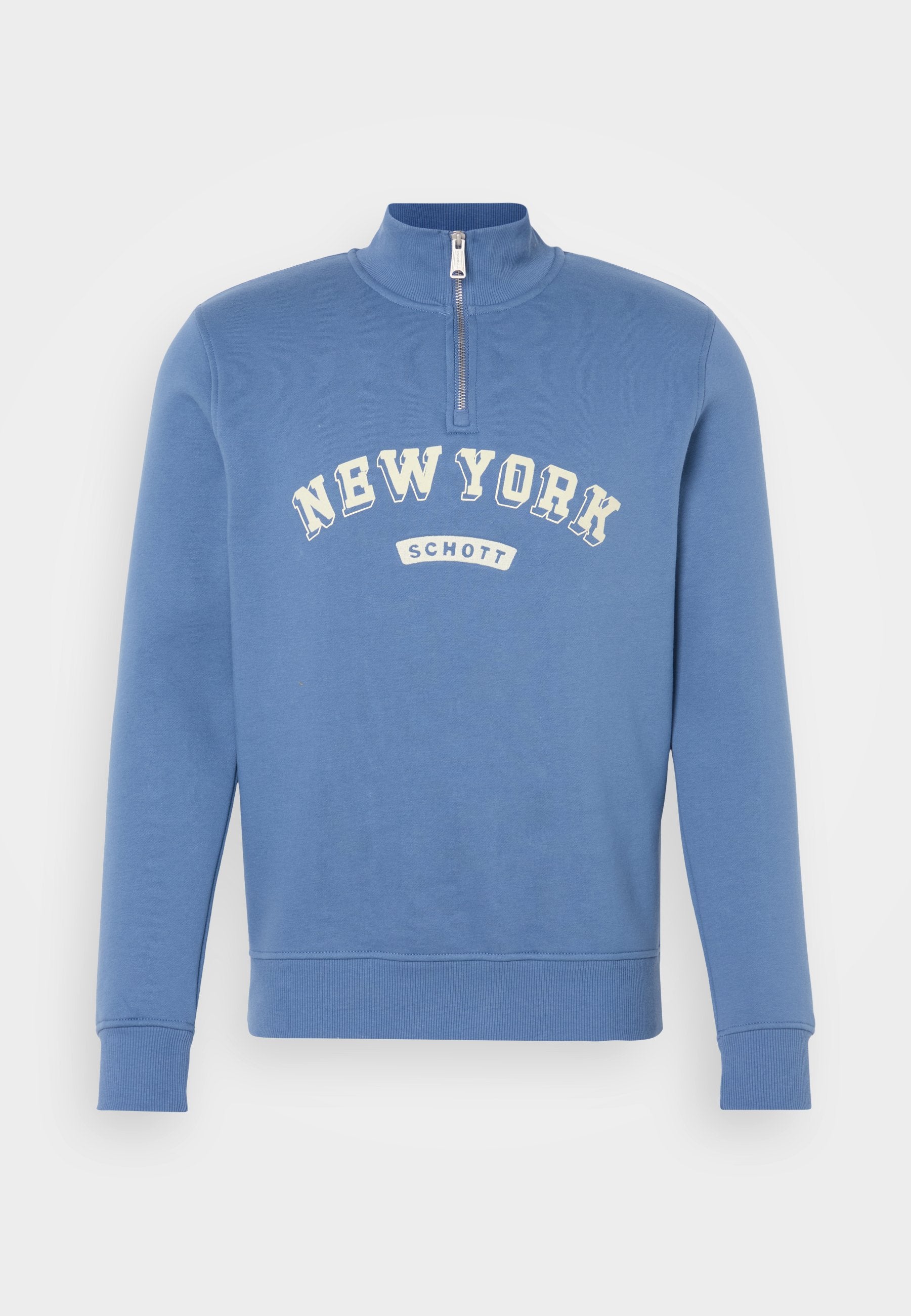 Blauer Sweatshirt mit hohem Kragen und Reißverschluss, mit weißem, geschwungenem "NEW YORK"-Text und "SCHOTT"-Label auf der Vorderseite. Weiche Textur.