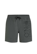Dunkelgraue Badeshorts mit elastischem Bund und schwarzem Kordelzug, mit vertikalem O'Neill Santa Cruz California U.S.A. Logo am rechten Bein.
