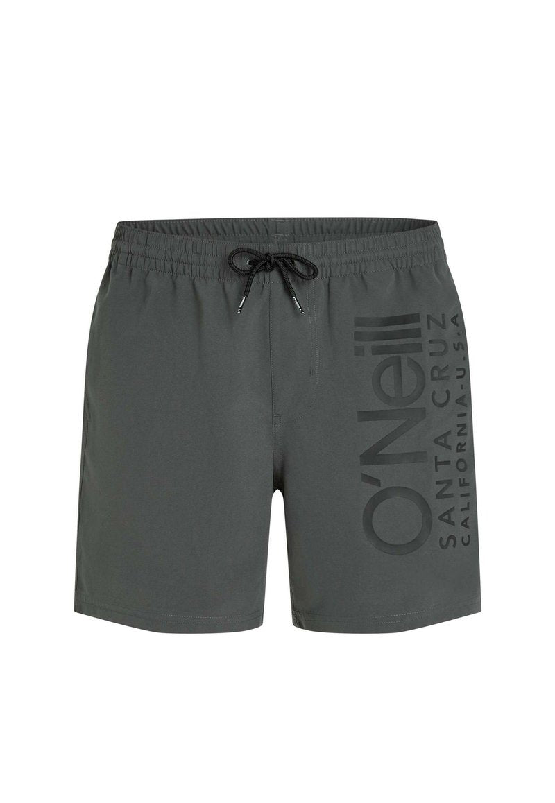 Dunkelgraue Badeshorts mit elastischem Bund und schwarzem Kordelzug, mit vertikalem O'Neill Santa Cruz California U.S.A. Logo am rechten Bein.