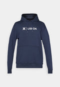 Marineblaue Kapuzenjacke mit Kängurutasche, verstellbarem Kordelzug und weißem Logotext "LISEA OA" auf der Vorderseite. Weiches Baumwollmischmaterial.