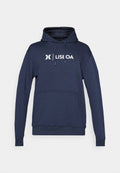 Marineblaue Kapuzenjacke mit Kängurutasche, verstellbarem Kordelzug und weißem Logotext "LISEA OA" auf der Vorderseite. Weiches Baumwollmischmaterial.