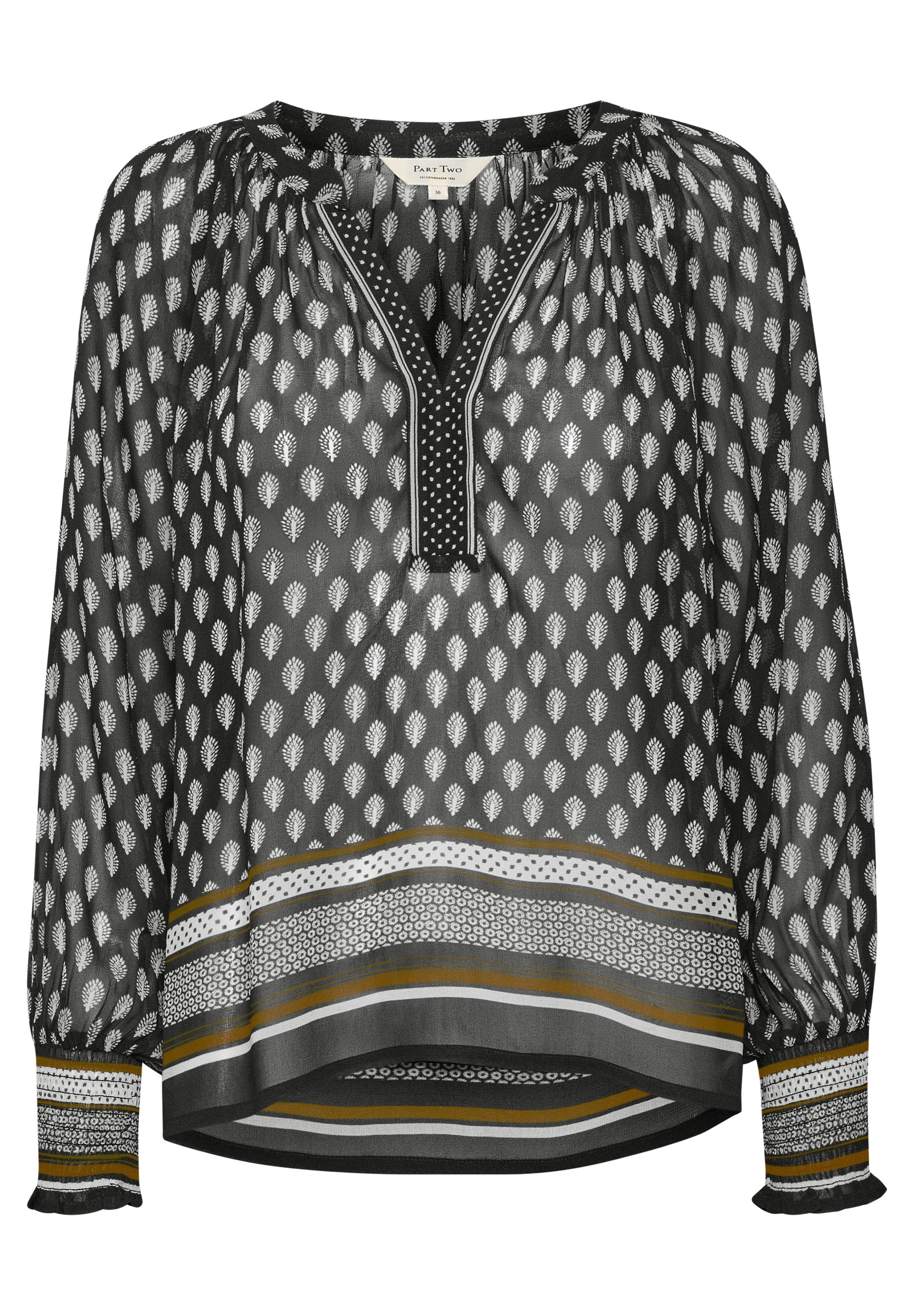 Schwarze Bluse mit weißem Blattmuster, V-Ausschnitt mit gepunktetem Saum, langen Puffärmeln und geschichteten Saum mit gestreiften Akzenten in Grau und Senfgelb.