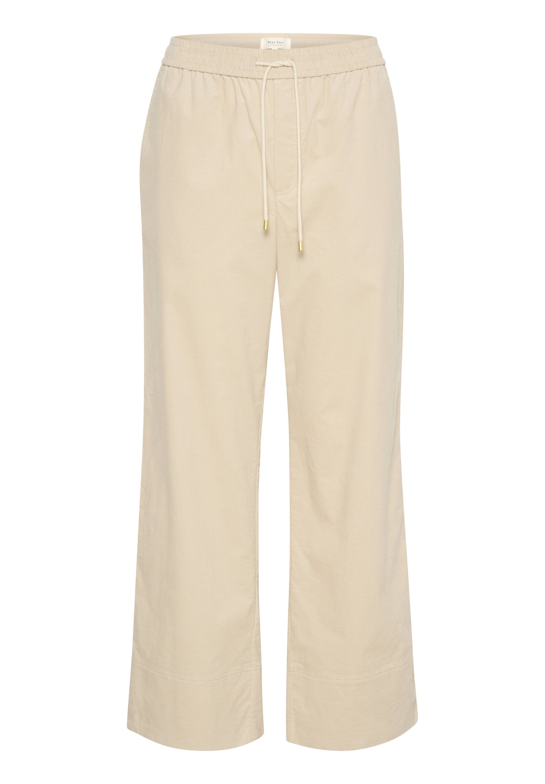 Beige weite Hose mit elastischem Bund, verstellbarem Kordelzug und goldenen Hardware-Details. Aus weichem, leichtem Stoff gefertigt.