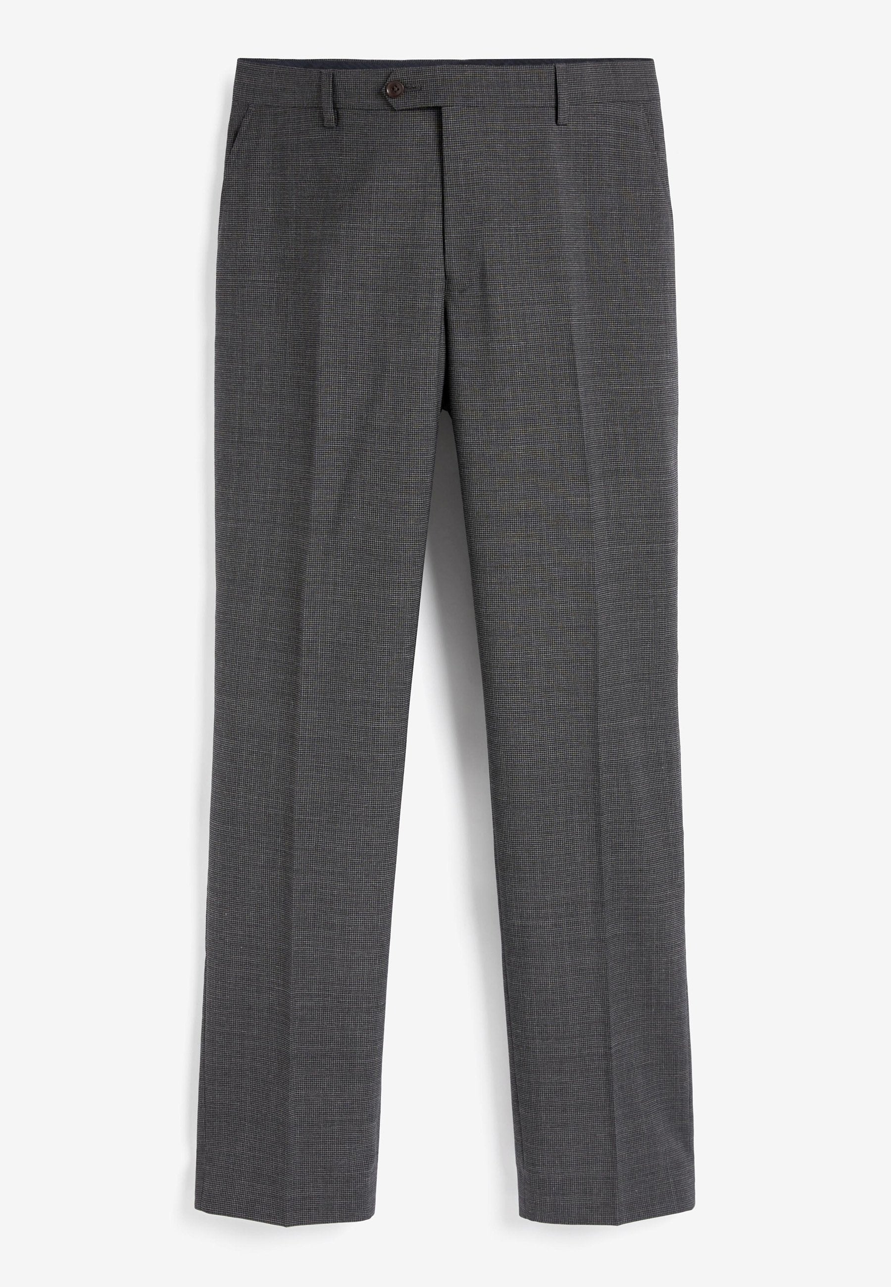 Grau karierte Hose mit flachem Bund, geraden Beinen und einem einzigen Knopfverschluss. Hergestellt aus einem gewebten Stoff mit feiner Textur.