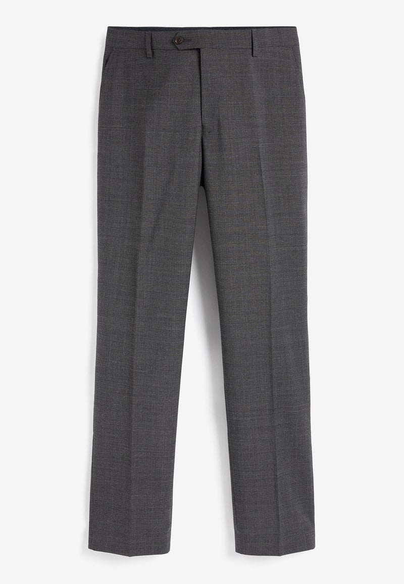 Grau karierte Hose mit flachem Bund, geraden Beinen und einem einzigen Knopfverschluss. Hergestellt aus einem gewebten Stoff mit feiner Textur.