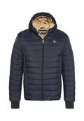 Marineblaue gesteppte Jacke mit Kapuze, innen mit Fleece gefüttert, mit gerippten Bündchen und Reißverschluss. Verfügt über ein kleines Diamant-Logo auf der Brust.
