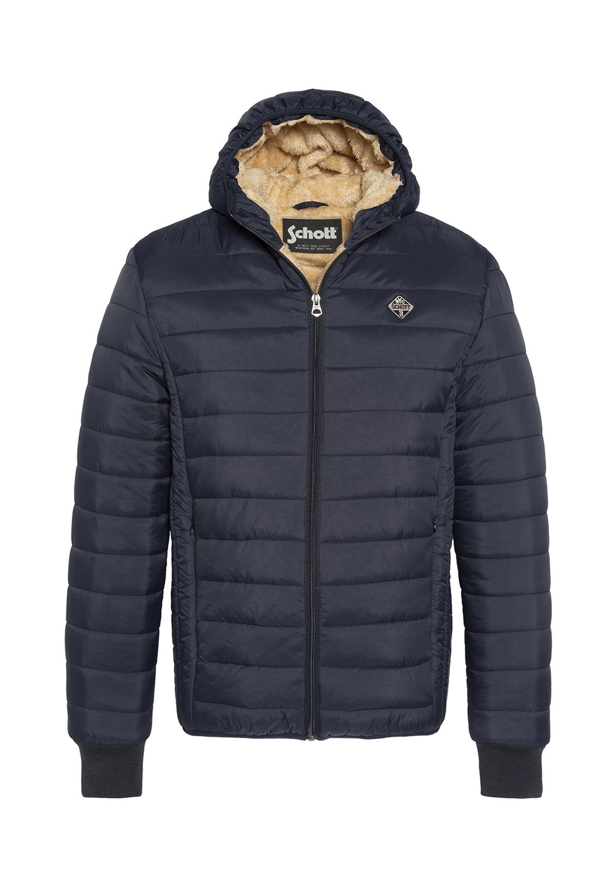 Marineblaue gesteppte Jacke mit Kapuze, innen mit Fleece gefüttert, mit gerippten Bündchen und Reißverschluss. Verfügt über ein kleines Diamant-Logo auf der Brust.