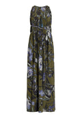 Maxikleid aus leichtem Stoff; hat einen grünen Hintergrund mit lila und weißen Blumenmustern, gerafftem Ausschnitt und elastischem Bund.