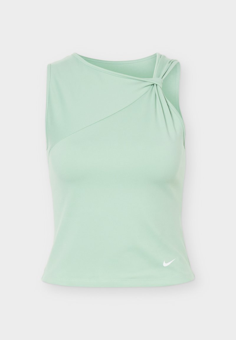 Ärmelloses, mintgrünes Sporttop mit asymmetrischem Ausschnitt und gerafftem Detail an der rechten Schulter, kleines weißes Nike-Logo am Saum.