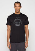 Schwarzes kurzärmeliges T-Shirt aus Baumwolle mit einem aufgedruckten Design "Property of Denim Division Diesel 78" in kontrastierender Ausführung.