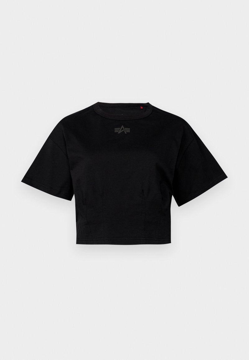 Schwarzes, kurzes T-Shirt aus Baumwolle. Mit kurzen Ärmeln und Rundhalsausschnitt. Enthält ein dezentes Logodetail auf der Brust.