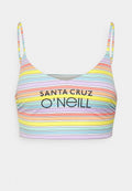 Gestreifter Bralette in Pastellfarben mit V-Ausschnitt, dünnen Trägern und schwarzem Text "SANTA CRUZ O'NEILL" auf der Vorderseite.