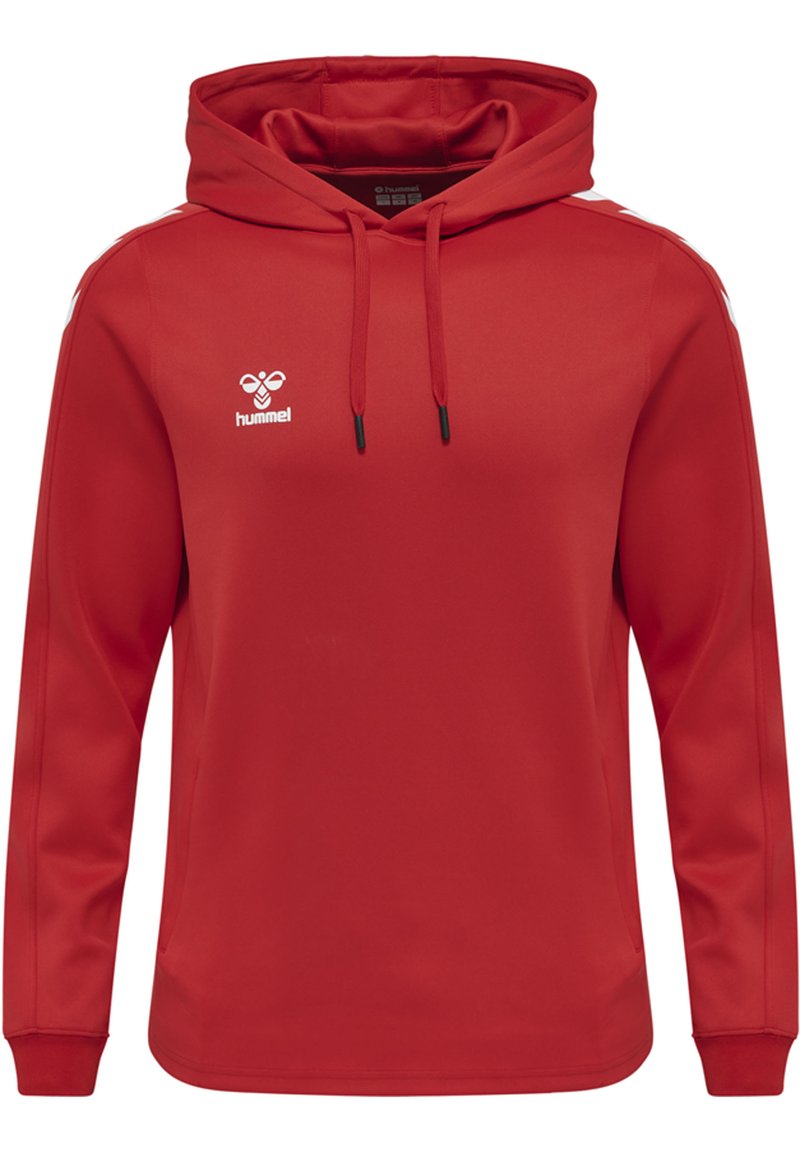 Rote Kapuzenpulli aus glattem Stoff mit langen Ärmeln. Mit einer Fronttasche und einem weißen Logo auf der Brust, dazu weiße seitliche Streifen.