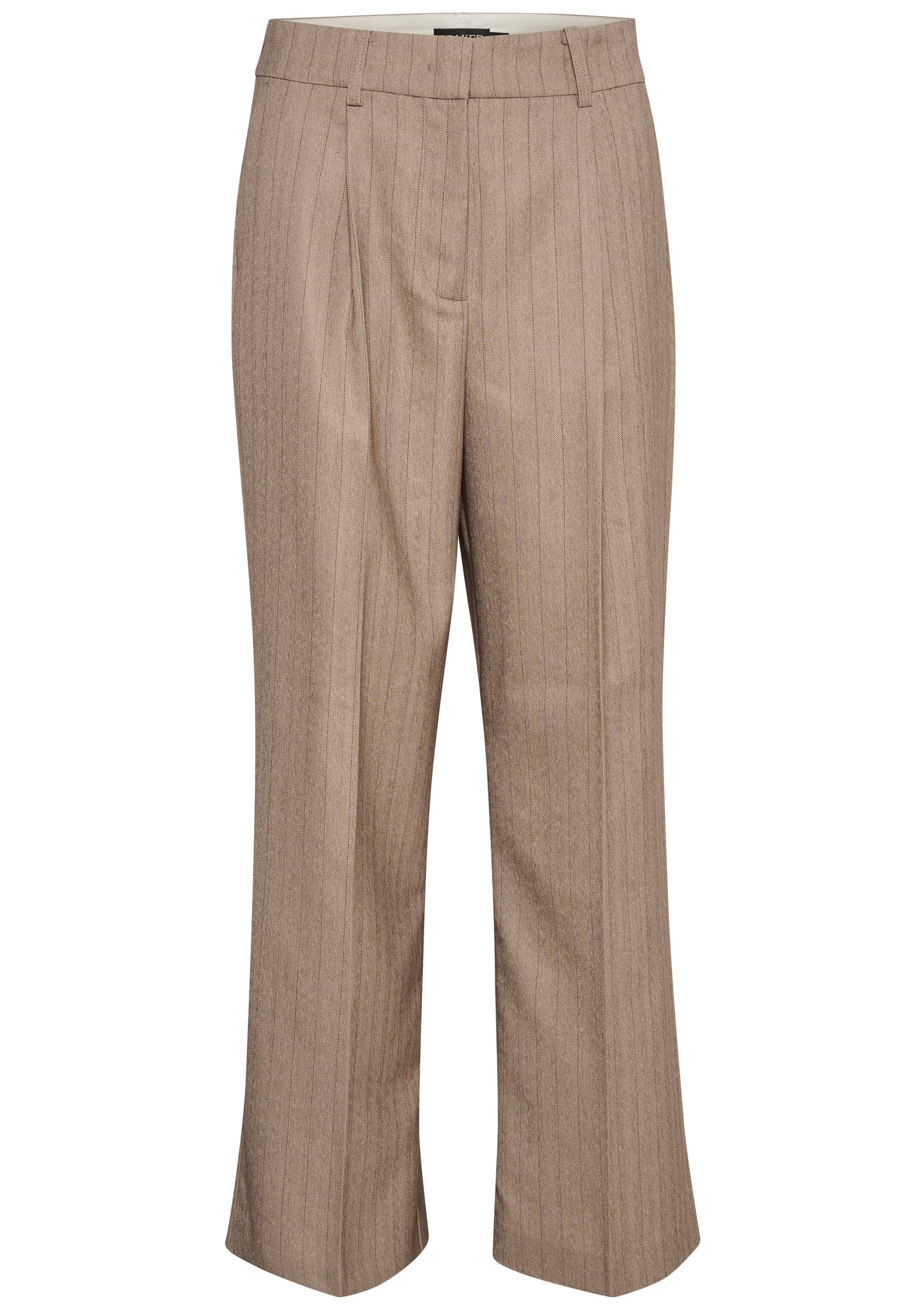 Beige, gestreifte Hose mit taillierter Passform, flacher Vorderseite, weitem Bein und glatter Textur. Keine sichtbaren Taschen oder Verzierungen.