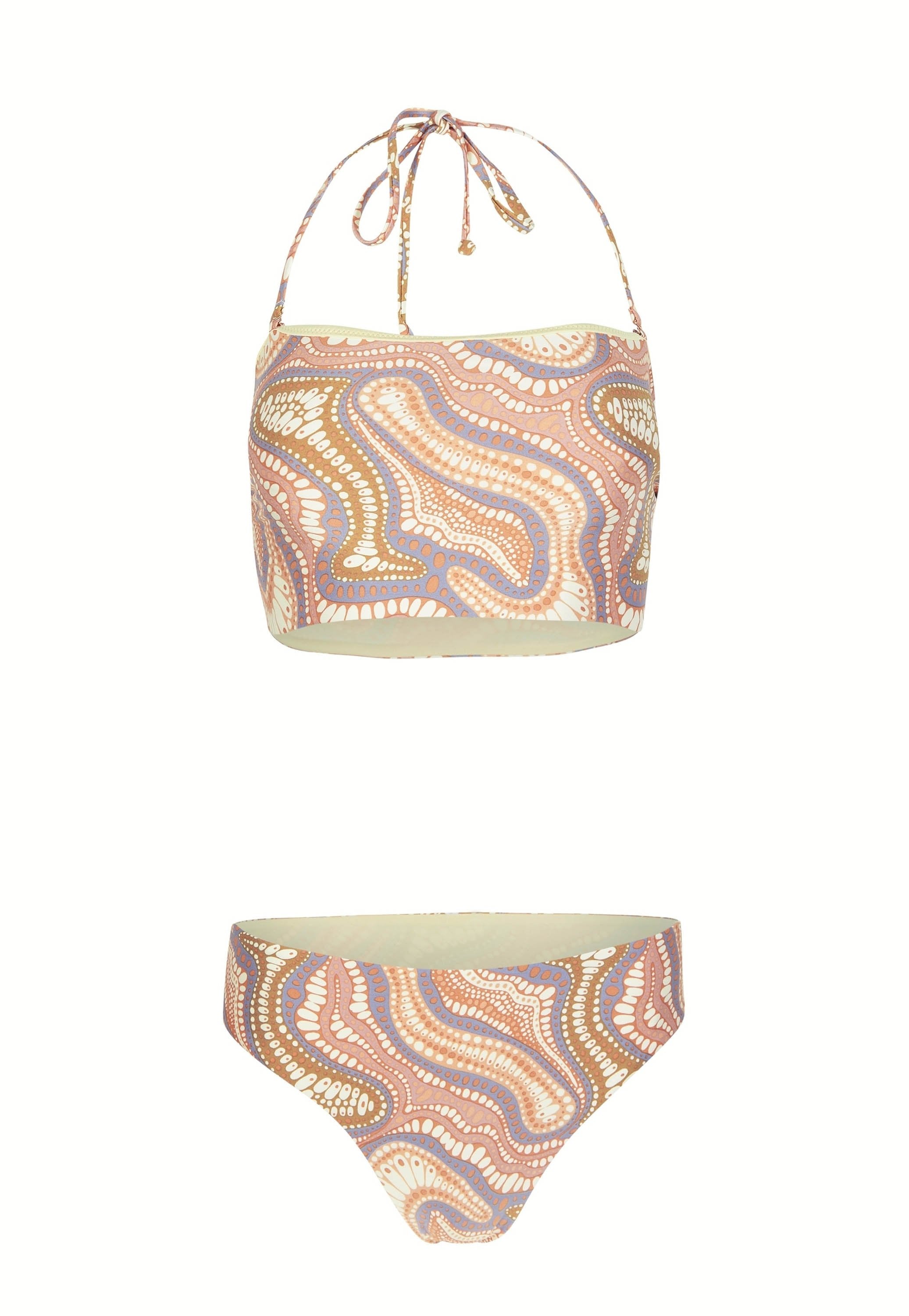 Zweiteiliges Bikini-Set mit einem Halterneck-Oberteil und passenden Bottoms. Der Stoff hat ein wirbelndes Muster in Pastellfarben mit creme- und braunen Akzenten.