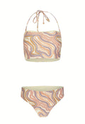 Zweiteiliges Bikini-Set mit einem Halterneck-Oberteil und passenden Bottoms. Der Stoff hat ein wirbelndes Muster in Pastellfarben mit creme- und braunen Akzenten.