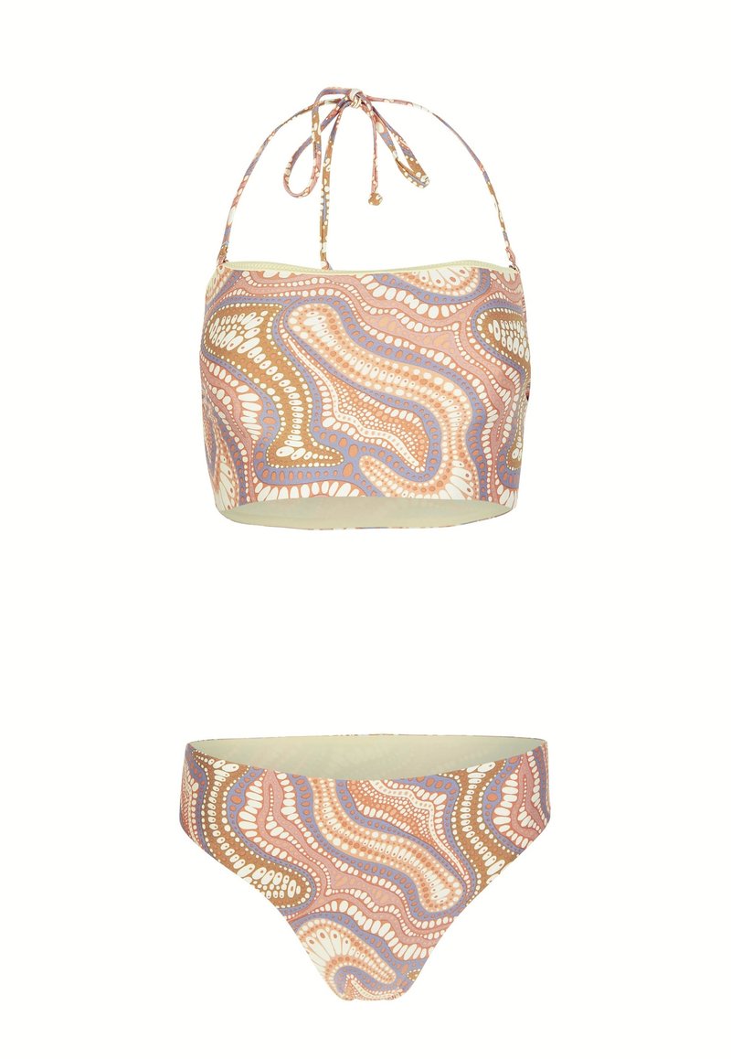 Zweiteiliges Bikini-Set mit einem Halterneck-Oberteil und passenden Bottoms. Der Stoff hat ein wirbelndes Muster in Pastellfarben mit creme- und braunen Akzenten.