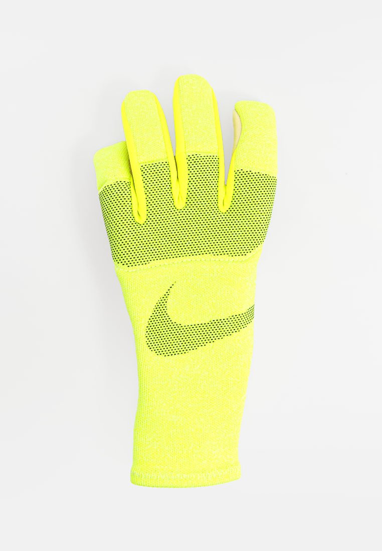 Neon-gelbe Handschuhe mit strukturierter Oberfläche, fünf Fingern und schwarzem Nike-Logo; aus atmungsaktivem Material mit Grip-Funktionen hergestellt.