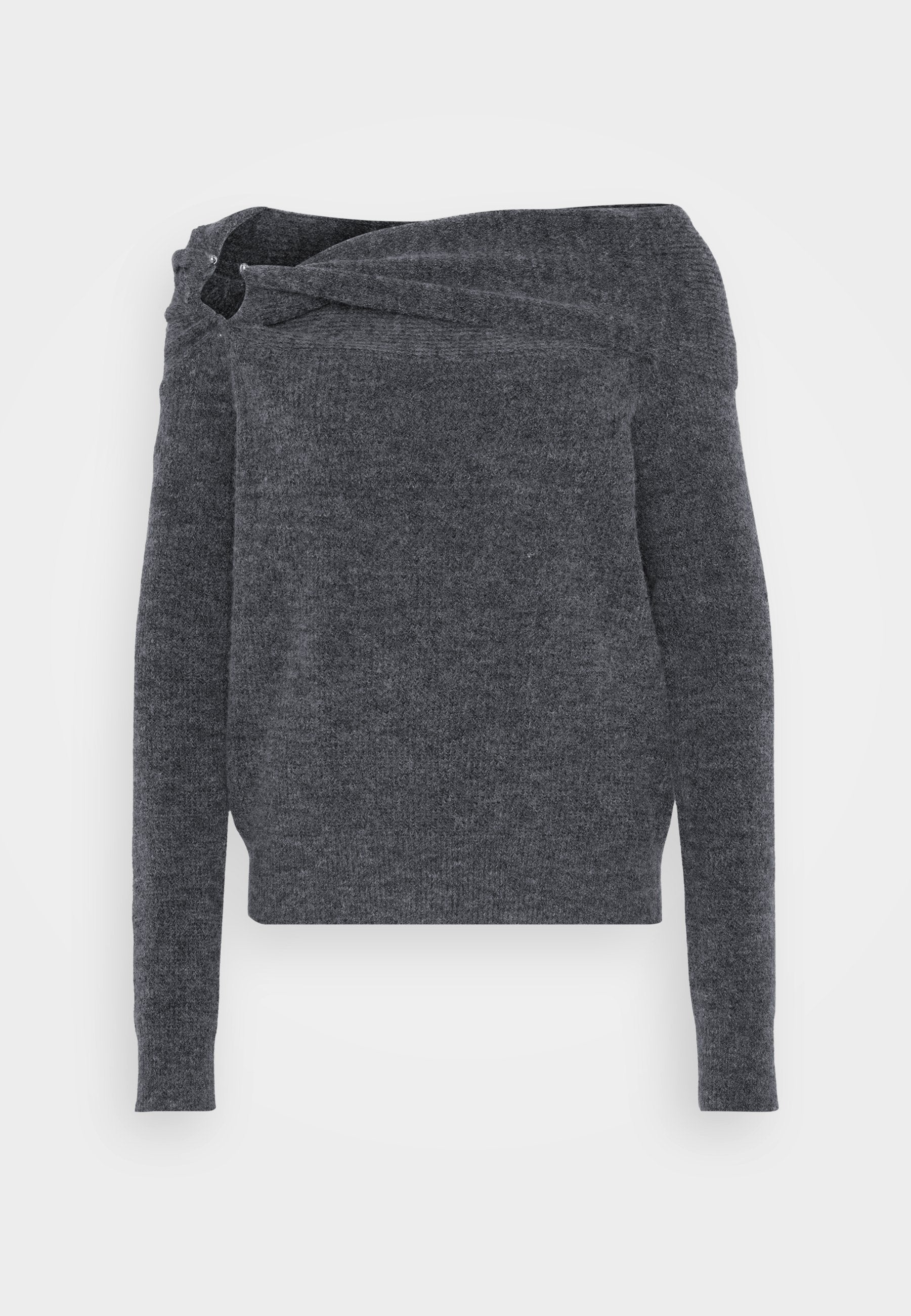 Grauer Strickpullover mit einem schulterfreien Design, langen Ärmeln und einer strukturierten Oberfläche. Ein einzigartiges Drehdetail am Kragen.