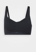 Schwarzer Sport-BH aus glattem Material, mit kabellosem Design, verstellbaren Trägern und einem kleinen Nike-Logo in Dunkelblau auf der Vorderseite.
