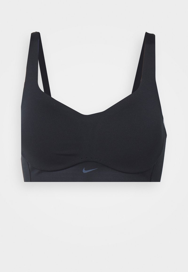 Schwarzer Sport-BH aus glattem Material, mit kabellosem Design, verstellbaren Trägern und einem kleinen Nike-Logo in Dunkelblau auf der Vorderseite.