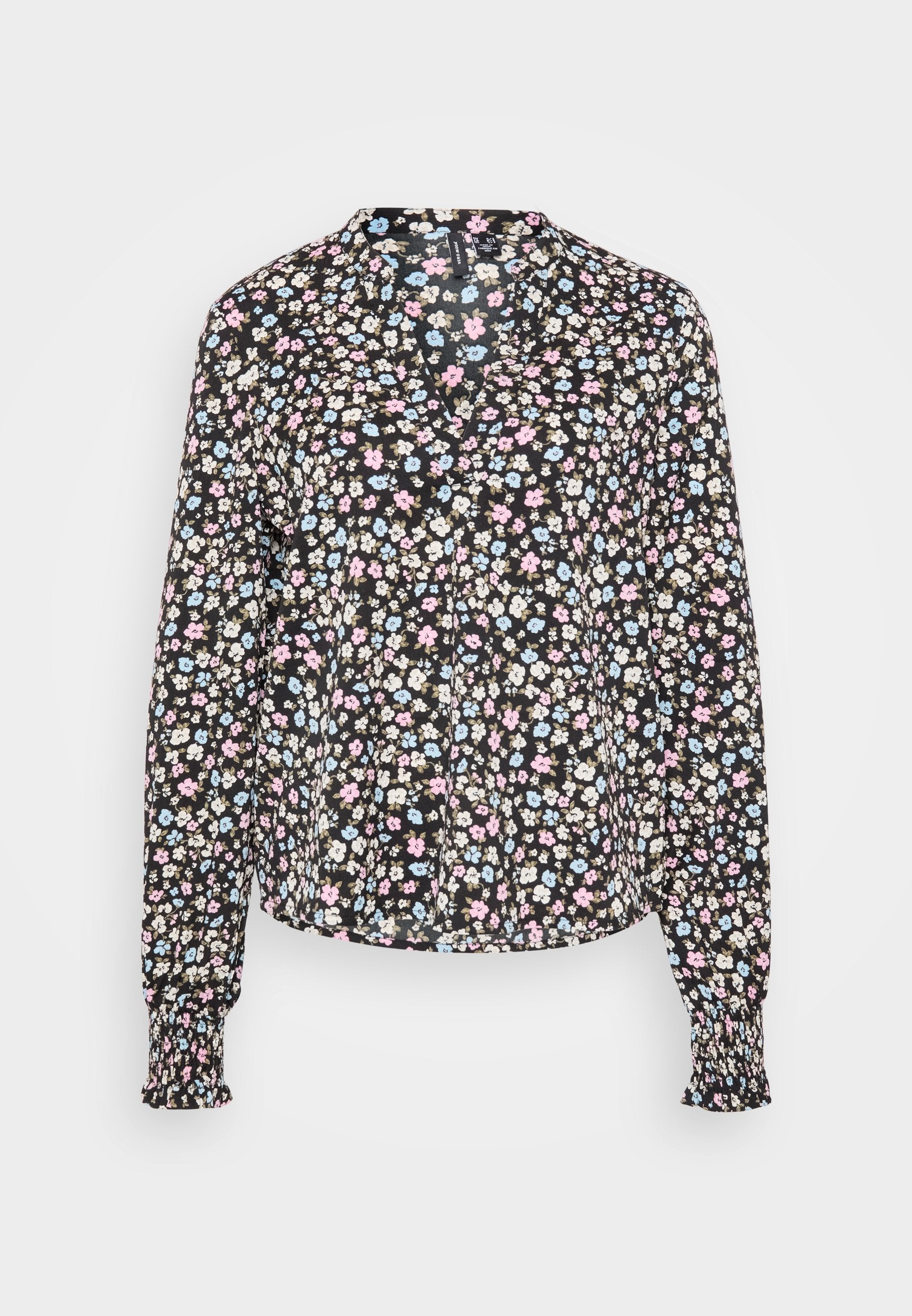 Langärmlige Bluse aus schwarzem Stoff mit einem Blumenmuster in Rosa, Blau und Beige. Verfügt über einen Kragen und geraffte Manschetten.