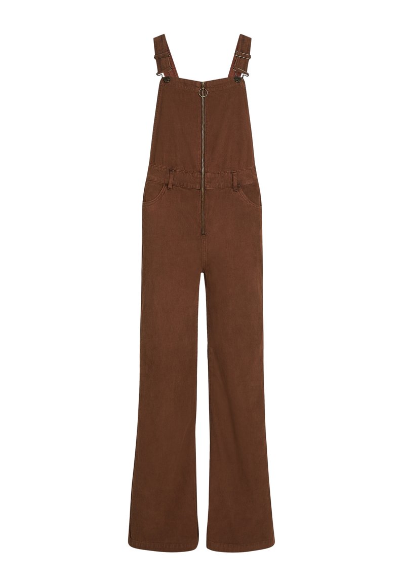 Braune Corduroy-Latzhose mit weitem Bein, Frontreißverschluss und verstellbaren Schulterträgern, ausgestattet mit Gürtelschlaufen und zwei Vorderaschen.