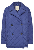 Gestepptes blaues Jacket mit großen Revers, doppelt geknöpftem Verschluss, seitlichen Taschen und strukturiertem Stoff.