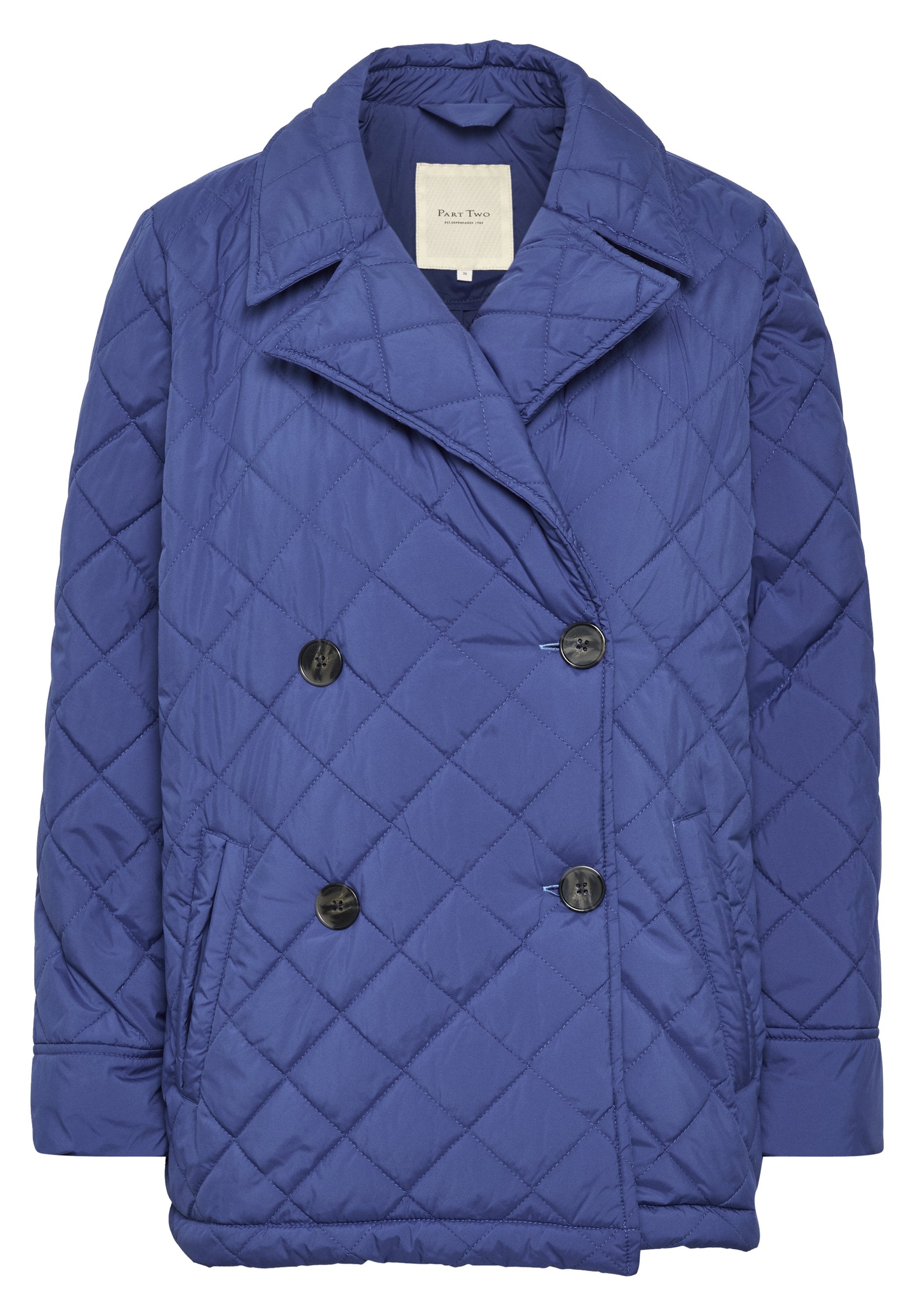 Gestepptes blaues Jacket mit großen Revers, doppelt geknöpftem Verschluss, seitlichen Taschen und strukturiertem Stoff.