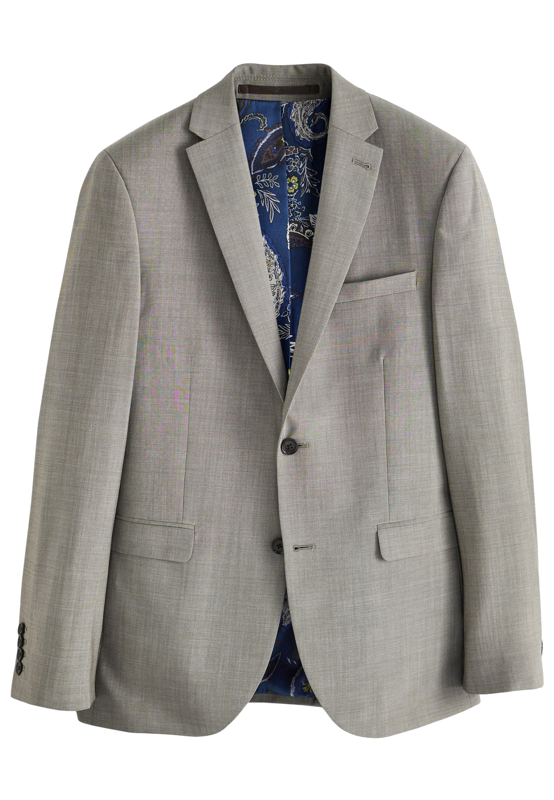 Hellgrauer Blazer mit zwei vorderen Knöpfen, Reverskragen und einer blauen Paisley-Muster-Futter. Verfügt über eine Brusttasche und zwei Seitentaschen.