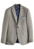 Hellgrauer Blazer mit zwei vorderen Knöpfen, Reverskragen und einer blauen Paisley-Muster-Futter. Verfügt über eine Brusttasche und zwei Seitentaschen.