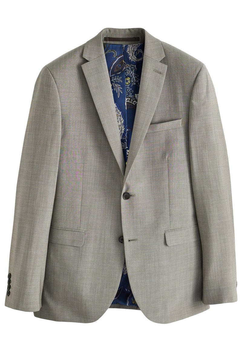 Hellgrauer Blazer mit zwei vorderen Knöpfen, Reverskragen und einer blauen Paisley-Muster-Futter. Verfügt über eine Brusttasche und zwei Seitentaschen.