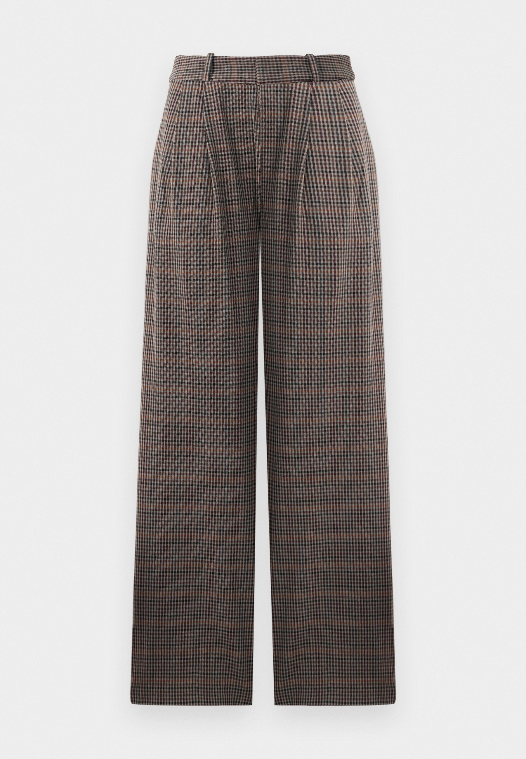Karottenhosen mit weitem Bein, aus einem karoförmigen Stoff, mit Falten, hoher Taille und einer Mischung aus Braun, Schwarz und Hellblau.