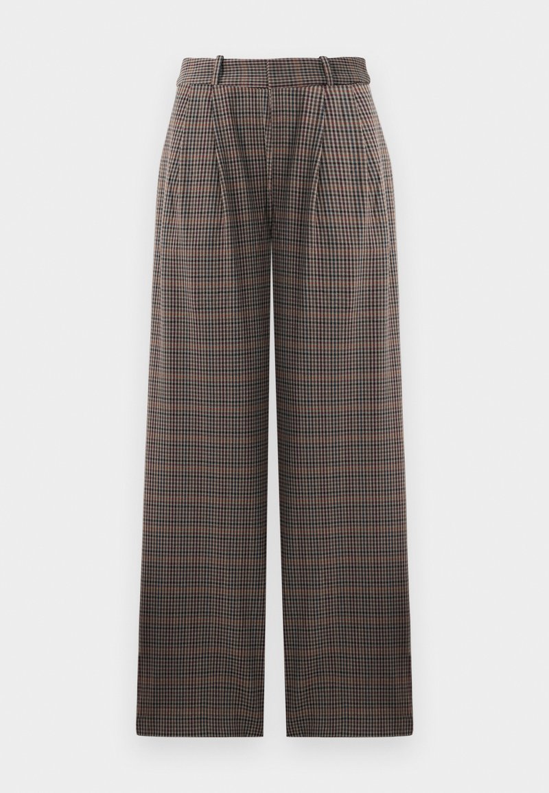 Karottenhosen mit weitem Bein, aus einem karoförmigen Stoff, mit Falten, hoher Taille und einer Mischung aus Braun, Schwarz und Hellblau.