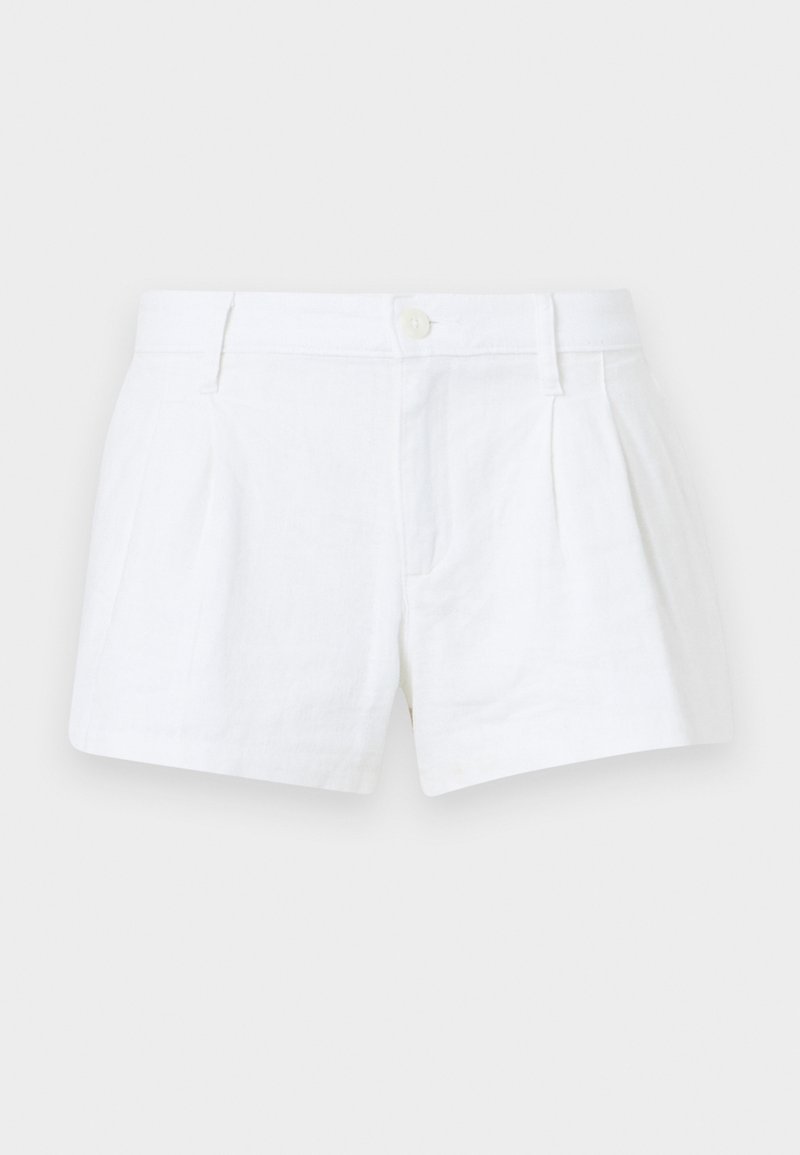 Weiße Leinen-Shorts mit Falten, Knopfverschluss und Seitentaschen. Besitzt einen taillierten Schnitt und eine glatte Textur.