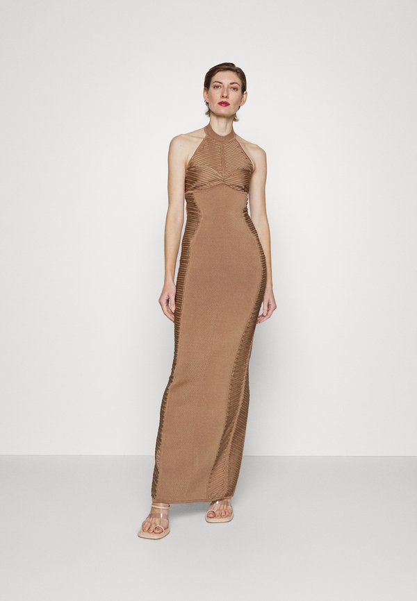 Hervé Léger LAW ROACH RIBBON EMBROIDERED HALTER GOWN