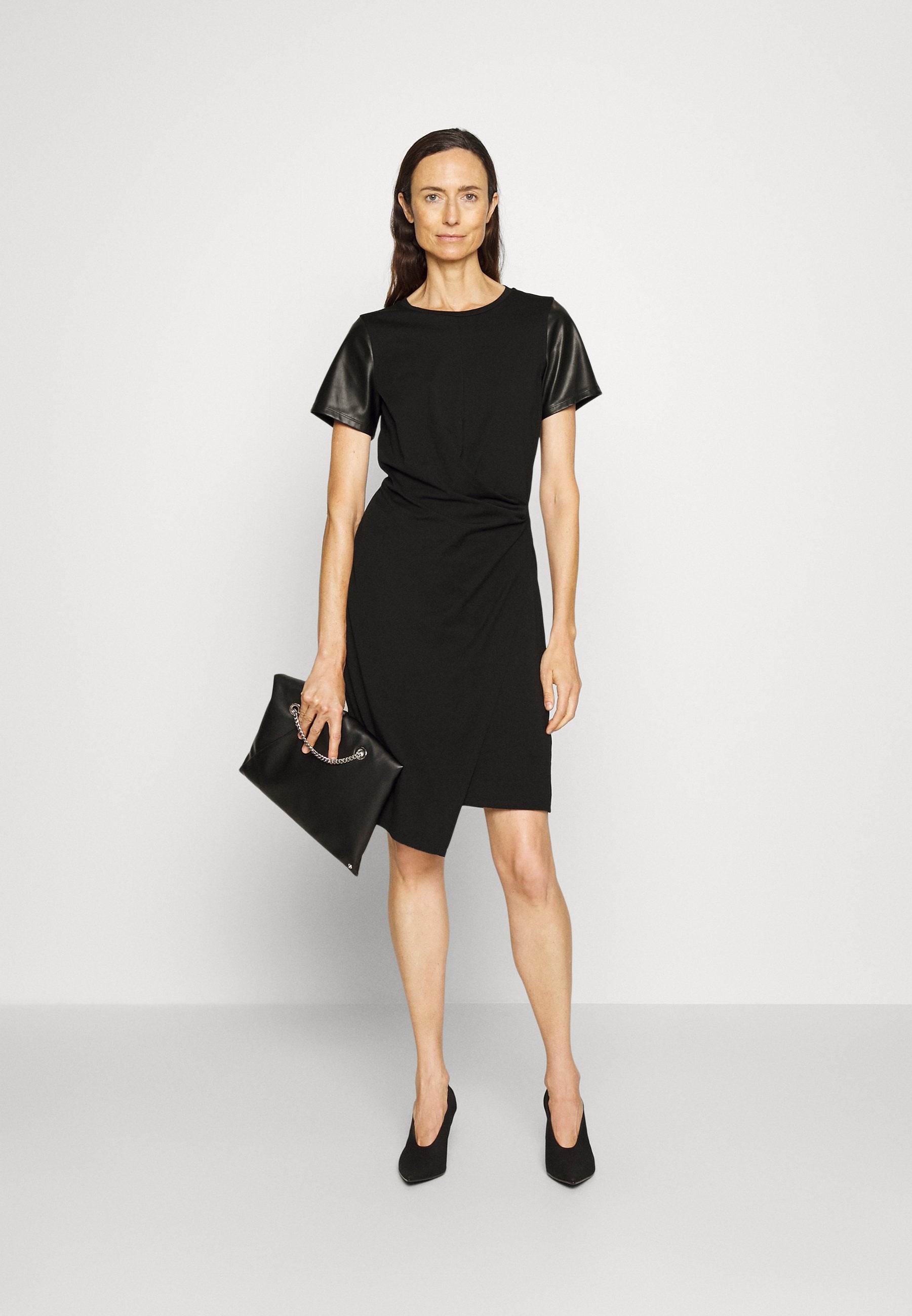 DKNY CREW NECK WRAP FRONT MID LENGTH DRESS