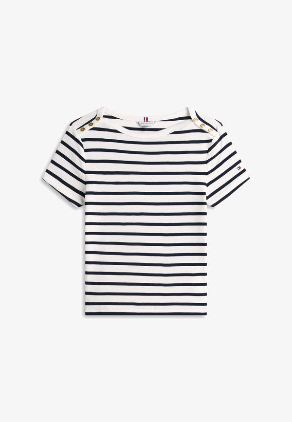 Tommy Hilfiger GOLD-TONE BUTTON SLIM BOAT NECK T-SHIRT - Print T-shirt - ecru/dark night navy