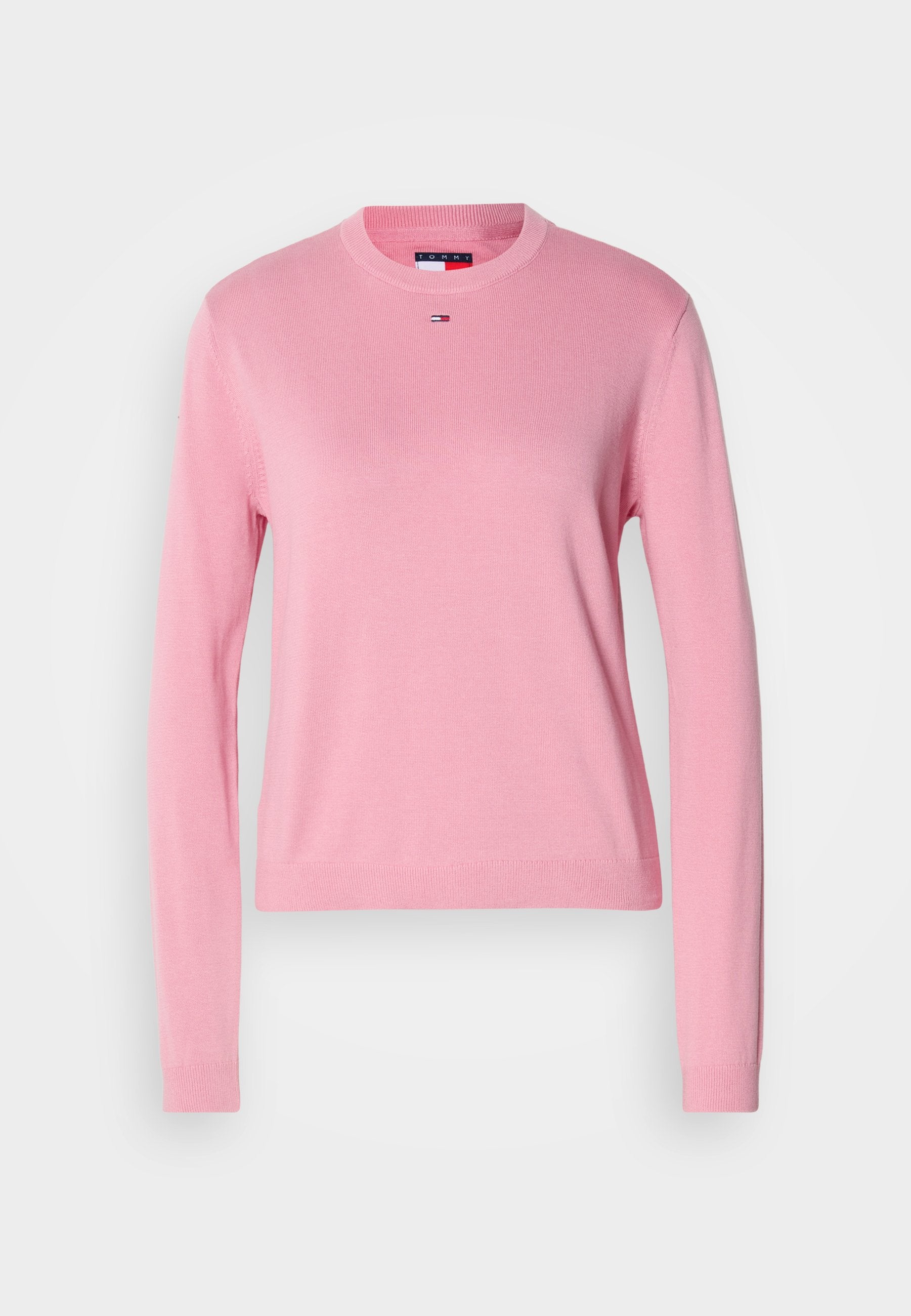 Pinker Pullover mit langen Ärmeln aus weichem Stoff. Hat einen Rundhalsausschnitt und gerippte Bündchen. Kleines Logodetail auf der Brust. Einfaches und klassisches Design.