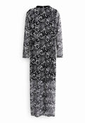 Langes, schwarz-weißes Kleid mit Blumenmuster aus leichtem Stoff, mit langen Ärmeln und hohem Kragen, ausgestattet mit einem verdeckten Reißverschluss hinten.