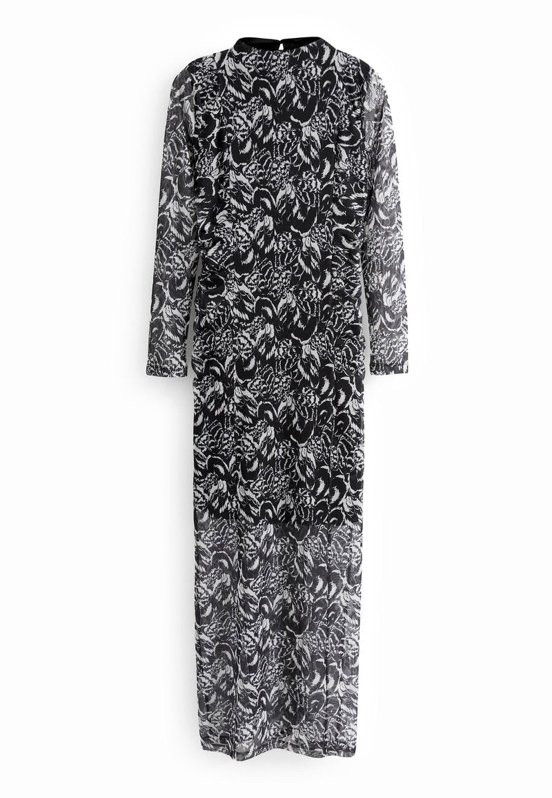 Langes, schwarz-weißes Kleid mit Blumenmuster aus leichtem Stoff, mit langen Ärmeln und hohem Kragen, ausgestattet mit einem verdeckten Reißverschluss hinten.