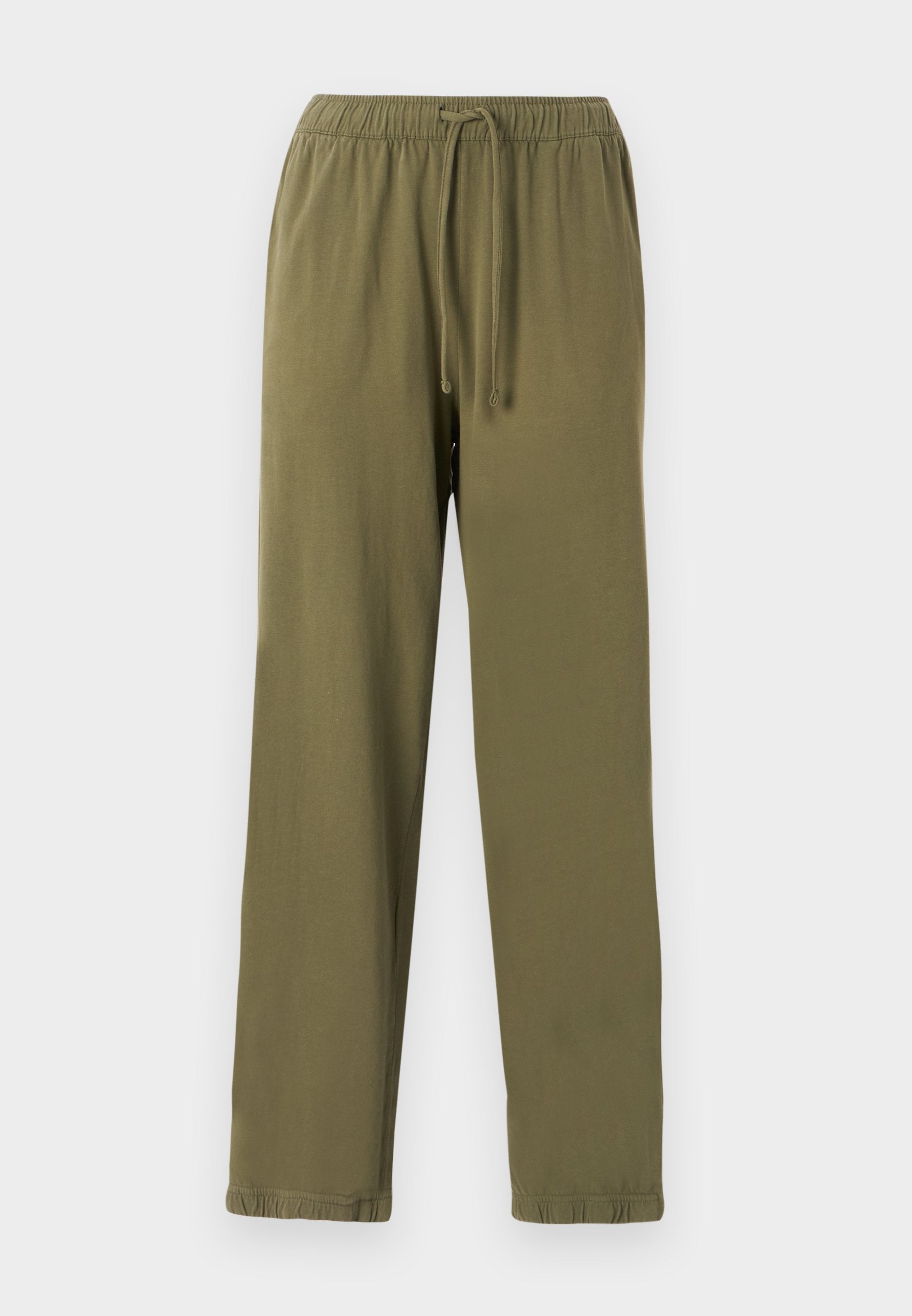 Olivengrüne, leichte Jogginghosen mit einem elastischen Bund, verstellbarem Kordelzug und Bündchen am Saum. Aus glattem Baumwollmischgewebe.