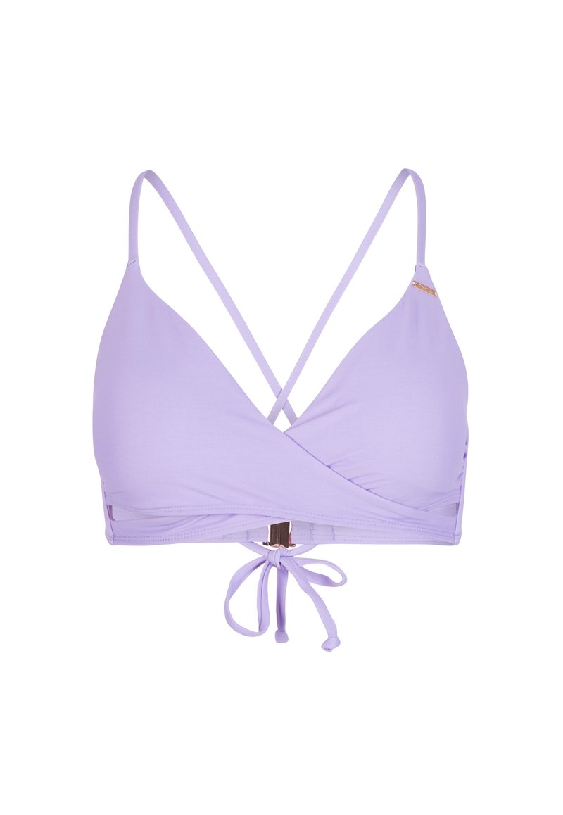 Lavendel Dreiecksbikini-Oberteil mit verstellbaren Trägern, frontalem Überkreuz-Design und einer mittigen Schleife. Besitzt ein metallisches Detail an der Seite.