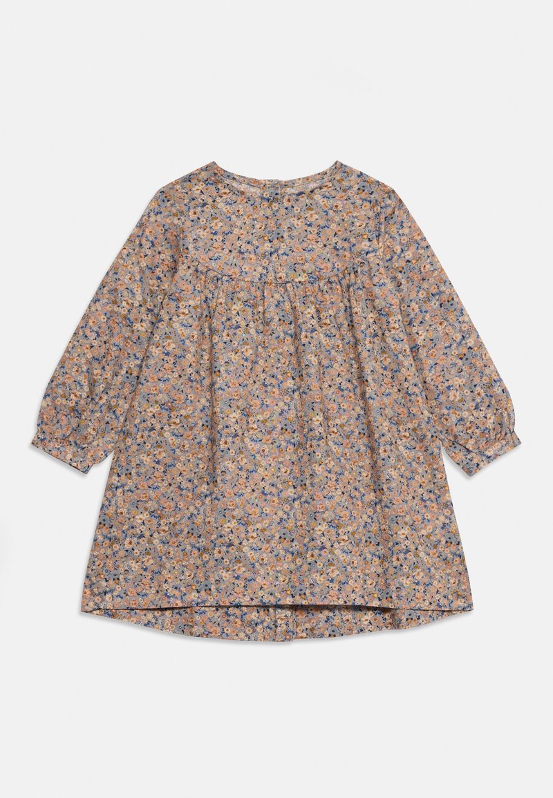 Floral-Print Kleid in Hellrosa, mit langen Ärmeln, gerafftem Oberteil, rundem Ausschnitt und einer lockeren, fließenden Silhouette.